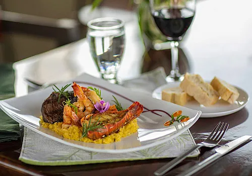 Jalapas Restaurant La Fortuna surf and turf seafood and steak dish