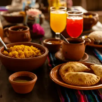 A rustic table spread featuring authentic Costa Rican cuisine, including golden empanadas, seasoned rice in clay bowls, and fresh tropical fruit juices. Dining at a local 'Soda' like this is a top recommendation for travelers seeking delicious, budget-friendly meals in Jacó